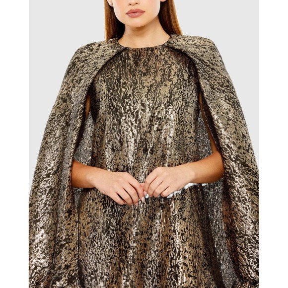 NWT MAC DUGGAL [ Small ] High Neck Cape Sleeve Metallic Trapeze Mini Dres J2010 - Picture 2 of 16